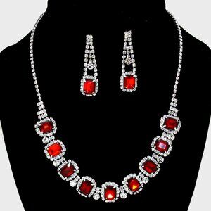 Red Necklace Earrings Crystal Rhinestone Formal Wedding Prom Set